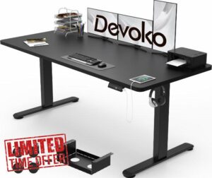 Devoko Electric Standing Desk 160x80 with USB Charging Height Adjustable Standing Desk with Desktop Sit Stand Desk Stand Up Desk Heavy Duty Steel 4 Memory Smart Pannel(Frame+Black Desktop)