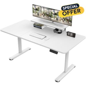 TRIUMPHKEY 160x70cm Large Height Adjustable Standing Desk with Monitor Shelves Height Adjustable Electric Standing Desk Storage Shelf Height Adjustable Desk Home Office Splice Board White