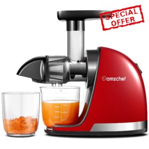AMZCHEF Juicer Machines - Cold Press Slow Juicer - Masticating Juicer for Whole Fruits and Vegetables - Delicate Chew No Need to Filter - BPA Free Juice Extractor with 2 Cups and Brush - Red            [Energy Class A+++]