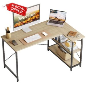 Bestier L Shaped Desk Small Corner Desk with Shelves 120CM Reversible Computer Desk Writing Table with Bookshelf for Home Office Small Space