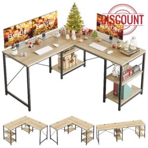 Bestier L Shaped Desk with Shelves Reversible Corner Desk 240CM Industrial Long Table Stable Desk L Shape Computer Workstation with 3 Cable Holes