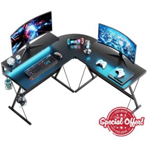 Bestier L Shaped Gaming Desk 140CM Computer Desk with LED Lights Corner Desk with Cup Holder and Headphone Hook Modern Workstation Ergonomic for Home Office