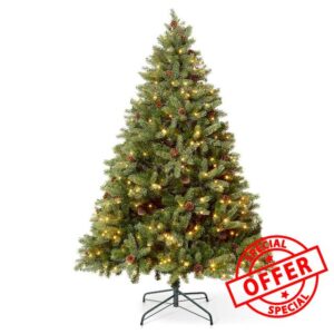 VeryMerry 5FT 'Ascot' Pre-Lit Christmas Tree with 300 Built-In Warm White LED Lights with Auto-Off Timer