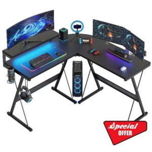 Bestier L Shaped Gaming Desk Computer Desk with LED Lights Monitor Stand 130CM Corner Desk with Cup Holder Headset Hook Ergonomic for Home Office Small Space