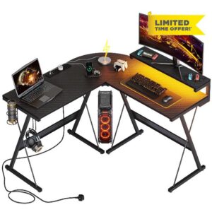 Bestier L Shaped Gaming Desk Computer Desk with LED Lights Monitor Stand 130CM Corner Desk with Cup Holder Headset Hook Ergonomic for Home Office Small Space (Carbon Fiber Black (With Outlet)