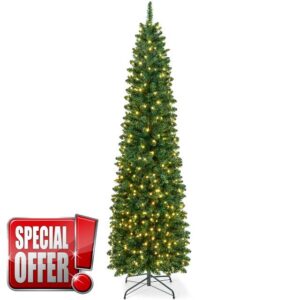 VeryMerry 5FT Pre Lit Christmas Tree Aspen Slim Pencil Tree with 200 Built-In Warm White LED Lights with Auto-Off Timer