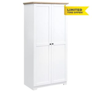 HOMCOM 172cm Wooden Storage Cabinet Cupboard With 2 Doors 4 Shelves White Living Room Bedroom Office