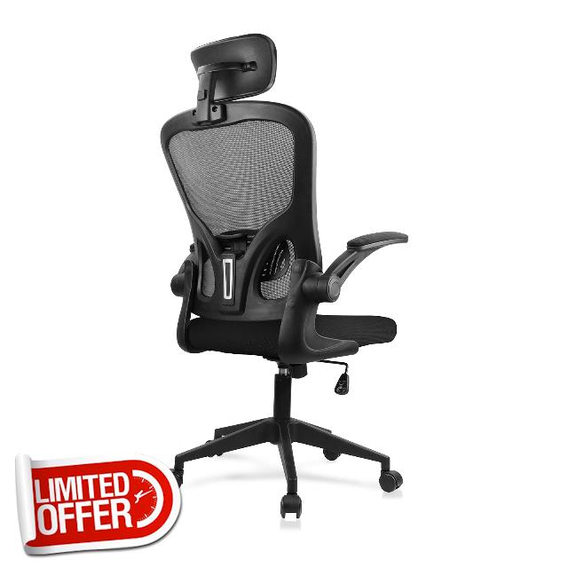 JAJALUYA Office Chair Mesh Computer Chair with Adjustable Headrest and Lumbar Support Desk Chair Ergonomic Office Chair with Flip-up Armrest for Home Office Study (Black)