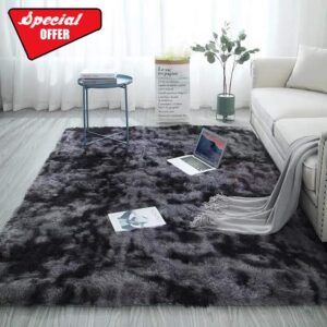 Blivener Soft Touch Area Rug Bedroom Anti-Skid Yoga Carpet Shaggy Rugs Fluffy Motley Tie-dye Carpets Dark Grey 200 x 300 cm