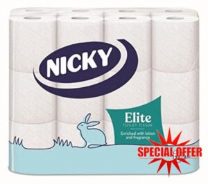 Nicky Elite Scented Toilet Tissue | 24 Rolls of White Toilet Paper| 3-ply | Talc Scent | Softness to The Skin | Enriched with Lotion |100% FSC Certified Paper | Extra Value Pack