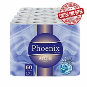 60 Phoenix Soft Supreme Luxury Toilet Rolls Bulk Buy - Quilted White 3 Ply Toilet Paper - Pack of 60 Toilet Tissue (12 x 5 Packs)