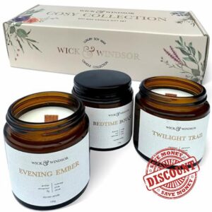 Crackling Wick and Windsor Scented Candles Gift Set - 3 x Natural Soy Wax Scented Candles with Wooden Wicks