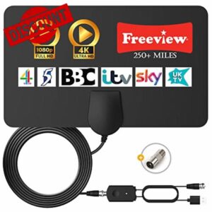 TV Aerial - TCFTT Digital TV Aerial Indoor 250+ Miles Long Range - Amplified HD TV Antenna Indoor for Freeview TV Support 4K 1080P Local TV Channels with Booster & 13 ft Coax Cable