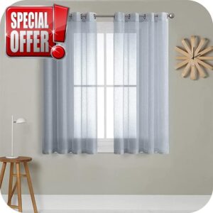 MRTREES Voile Curtain 48 Inch Drop 2 Panels Faux Linen Grey Voile Eyelet Sheer Short Curtains Panel for Living Room Bedroom Patio Door 55x48 Inch Drop 140cm x 122cm