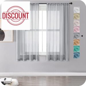 MRTREES Voile Curtains 54 Drop 2 Panels Faux Linen Rod Pocket Sheer Curtain Panel for Bedroom Living Room Patio Door 55x54 Drop 140cm x 137cm Grey