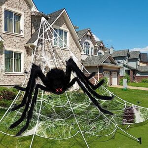 59" Hairy Giant Spider + 200" Triangular Spider Web +60g Cobwebs 30Mini Fake Spiders For Scary Halloween House Indoor Outdoor Party Decorations