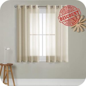 MRTREES Voile Curtains 54 Drop 2 Panels Faux Linen Eyelet Short Sheer Curtain Panel for Bedroom Living Room Patio Door 55x54 Drop 140cm x 137cm Biscu
