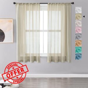 MRTREES Voile Beige Curtains 48 Inch Drop 2 Panels Voile Curtain Panel Rod Pocket for Door Bedroom Kitchen 55x48 Inch Drop Short Sheer Curtains 140cm x 122cm