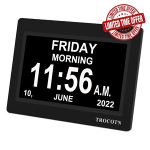 TROCOTN 7 Inches Digital Clock Day Clock Large Display Alarm Clock Wall Clock (Black)