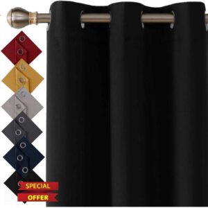 Thermal Insulated Blackout Ring Top Eyelet Curtains for Bedroom Windows 66 x 90 Inches Black 2 Panels (66”(167cm) wide x 90”(228cm) long