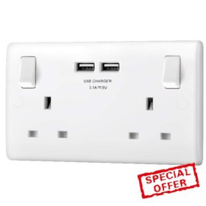 BG Electrical 8223u Double Switched 13 A Fast Charging Power Socket with Two USB Charging Ports
