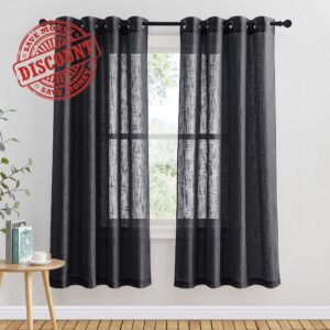 PONY DANCE Voile Curtains for Bedroom - Black Linen Look Net Voile Curtain Thick for Sun Light Filtering Eyelet Top Semi Curtain Panels for French window