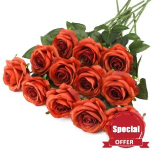 Cotemdery Artificial Orange Velvet Roses 10 Fake Silk Rose Single Flowers with Stem Floral Gift for Wedding Arrangement Party Home Deco