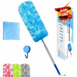 WholesomeFix 100 Inch Extendable Feather Dusters for Cleaning- Microfiber Long Handled Duster- Bendable & Washable with Hook & Towel