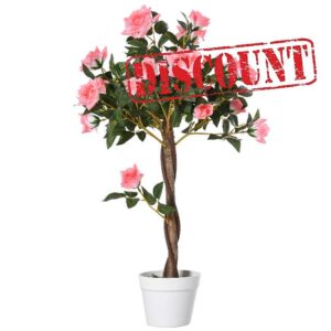 Outsunny 90cm/3FT Artificial Rose Tree Fake Decorative Plant w/ 21 Flowers Pot Indoor Outdoor Faux Decoration Home Office Décor Pink & Gree