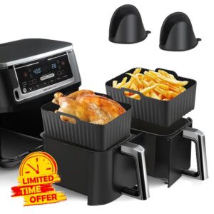 Silicone Air Fryer Liners for Ninja AF300/AF400UK 2Pcs Air Fryer Silicone Liner with 2Pcs Silicone Glove Reusable Silicone Air Fryer Basket Air Fryer Accessories Trays for Ninja Dual Foodi
