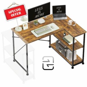 TRIUMPHKEY 110CM L Shaped Desk Corner Desk with Shelves Reversible Left or Right Computer Workstation Computer Desk Study Office Desk Storage Shelves Home Office Work Table for Office Rustic Brow