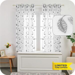 Amazon Brand - Umi Embroidered Leaves Pattern Sheer Curtains Eyelets Linen Effect Voile Curtains Super Soft Net Curtains for Living Room 55 x 54 Grey Two Panels