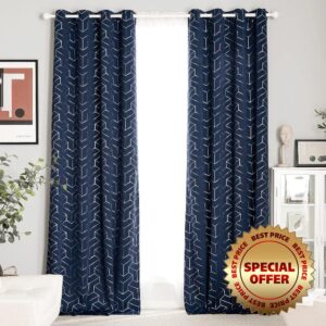 PONY DANCE Boy Curtains for Bedroom - Navy Curtains for Living Room Glitter Decorative Long Blackout Curtain Geometric Drapes Room Darkending