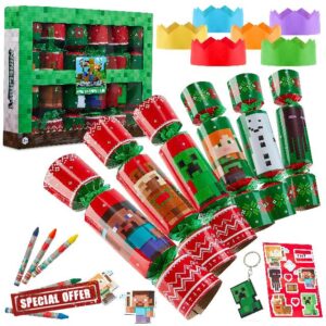Minecraft Christmas Crackers Pack of 6 Creeper Crackers for Kids with Gifts Keychain Crayons Stickers Gamer Gifts