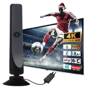 TV Aerial -Smart TV for Freeview TV Aerial Indoor with Strong Signal UK 4K 1080p -TV Antenna for Support VHF/UHF/DAB Radio 300+ Miles Range TV Aerial Booster Amplifier and 16FT Coaxial TV Aerial Cable