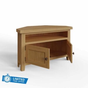 FWStyle Chunky Oak Corner TV Unit with shelf above 2 cupboards. Ready Assembled. W1000 x H 60 x D50cm.