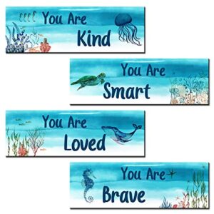 Underwater World Wooden Wall Art Children's Room Wall Decor Sea Creatures YOU ARE Series Home Decorations for Bedroom Blue Ocean Nautical Theme Wall Art Turtle Starfish Dolphin Coral Reef Gift Artwork