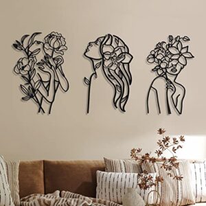 3 Pieces Metal Wall Art Decor Minimalist Abstract Woman Wall Art Modern Line Drawing Wall Art Decor Metal Female Single Line Wall Home Hanging for Bedroom Kitchen Bathroom Living Room (Black