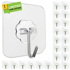 Jiaweixiang Self Adhesive Hooks 24Pack 33lb(Max) Wall Door Hooks Stick On/Sticky Hooks for Bathroom Kitchen Hanging Coat Cloth Towel Key