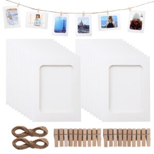 20Pcs Paper Photo Frames Bright White Card Picture Frames DIY Creative Hanging Inside Aperture to Fit Image 6x4 with Rope and Mini Wood Clip for Home School Party Dorm Office Wall Deco