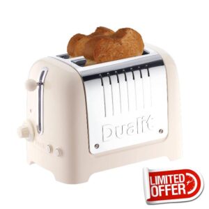 Dualit 2 Slice Lite Toaster | 1.1kW Toasts 60 Slices an Hour | Polished with Canvas White Trim | Bagel & Defrost Settings | 36 mm Wide Slots | 26213