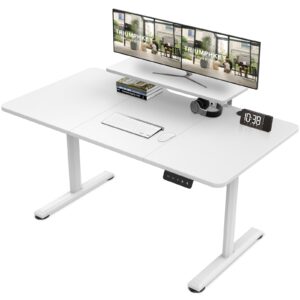 TRIUMPHKEY Height Adjustable Standing Desk 140x60cm with Monitor Shelves Large Height Adjustable Electric Standing Desk Storage Shelf Height Adjustable Desk Home Office Splice Board White