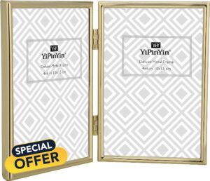 YiPinYin4x6''Hinged Double Simply Gold Metal Picture Frame