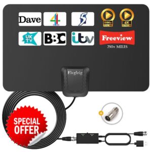 TV Aerial - Digital TV Aerial Indoor 250+ Miles Long Range - Amplified HD TV Antenna Indoor for Freeview TV Support 4K 1080P Local TV Channels with Booster & 16.4 ft Coax Cable