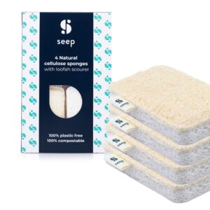 SEEP Eco Sponges Washing Up - Compostable Kitchen Sponge - Cleaning Sponges Made Using Loofah - Sponge Scourer - 4 x Pack Multipack