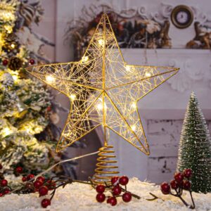Christmas Star Tree Topper - Xmas Tree Topper Light with 10 LED Warm Lights - Rustic Farmhouse Metal Christmas Decorations - Xmas Gold Tree Topper - Christmas Tree Decorations Gifts