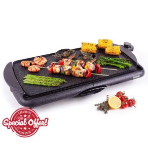 Duronic Electric Griddle GP20 Non-Stick Teppanyaki Grill Pan Large Table-top Breakfast Cooking Plate | 52x27cm | Easy Clean Fat Drip Tray Adjustable Temperature Indoor Portable BBQ (Renewed)