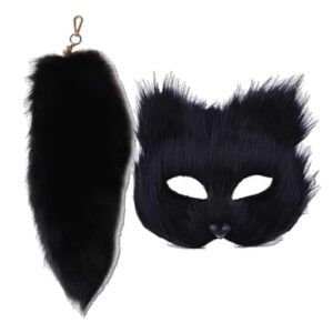 Yelschwa Cat Mask And Therian Tail Set Half Face Plush Mask Halloween Carnival Cosplay Costume Party Makeup Prop Costume Accessory Realistic Cat Costume Accessory Eye-Catching Dress Decoratio