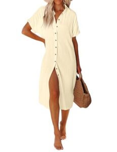 UMIPUBO Women Beach Cover Ups Casual Short Sleeve Beachwear Swimsuit Bikini Cover-Up Button Down Side Split Long Kimonos Bathing Suit Cardigans Beach Dress