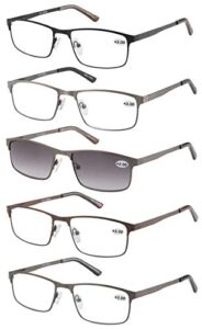 EYECEDAR Amcedar 5-Pack Reading Glasses Men Metal Frame Rectangle Style Stainless Steel Material Spring Hinges Include Sun Readers 3.